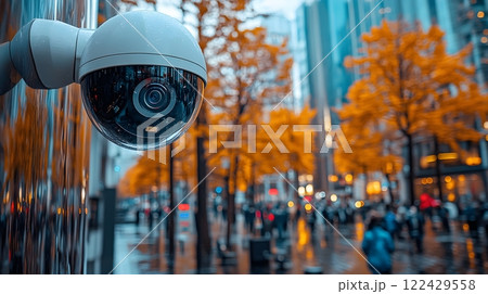 Advanced security cameras on building exteriors observing a bustling city square, facial recognition in use 122429558