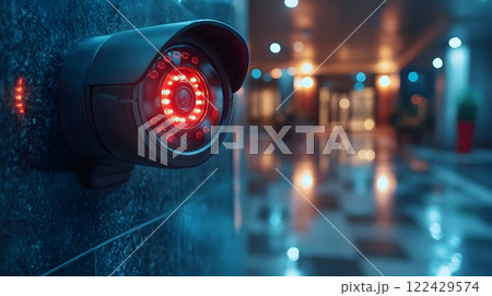 Smart cameras performing facial recognition in a high-security corporate building entrance 122429574