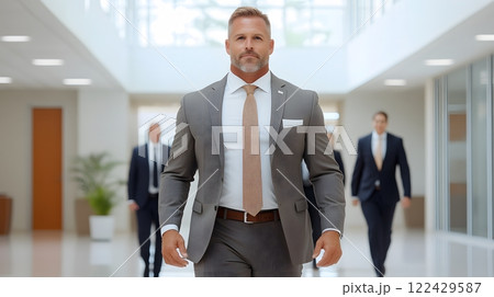 Professional business leader leading a team in a brightly lit office, full body wide angle 122429587