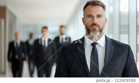 Professional business leader leading a team in a brightly lit office, full body wide angle 122429588