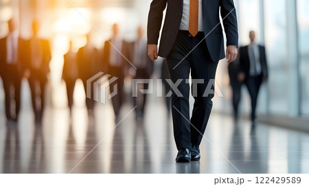 Professional business leader leading a team in a brightly lit office, full body wide angle Professional business leader leading a team in a brightly lit office, full body wide angle 122429589