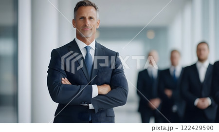 CEO standing confidently in a formal business suit in front of attentive employees, full body wide angle 122429590