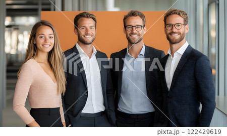 Professional team standing together with cheerful expressions near a presentation board, full body wide angle Professional team standing together with cheerful expressions near a presentation board, full body wide angle 122429619