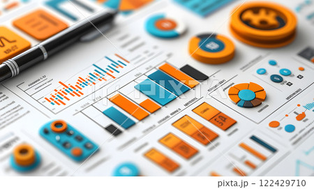 Cartoon infographic showing financial data in 3D vector style with clean white background 122429710