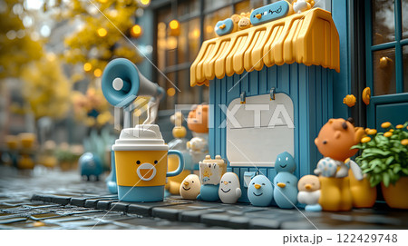Cartoon-style 3D icons showing a coffee cup, calendar, and megaphone, minimalistic design on bright backdrop 122429748