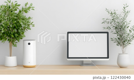 Elegant 3D office featuring blank computer screen mockup, sophisticated lighting and neutral tones Elegant 3D office featuring blank computer screen mockup, sophisticated lighting and neutral tones 122430040