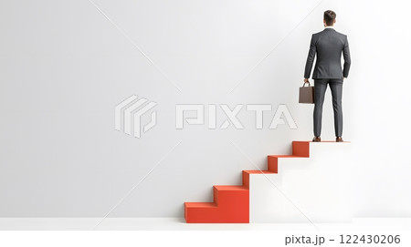 A professional standing on top of a staircase with a briefcase, representing success and career progression 122430206