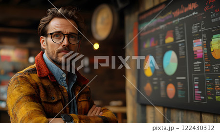 A marketing consultant presenting a digital marketing strategy to clients, graphs and insights displayed on digital screens 122430312