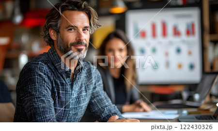 Sales team brainstorming and discussing strategies in a modern conference room, whiteboard with strategies and numbers on display 122430326