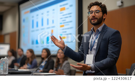 Entrepreneurs presenting finalized service designs to stakeholders, charts and data visualizations enhancing the pitch Entrepreneurs presenting finalized service designs to stakeholders, charts and data visualizations enhancing the pitch 122430617