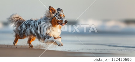 Australian Shepherd dog with merle coat runs on sandy beach, fur blows in wind, paws kick up sand in motion. Joyful expression 122430690