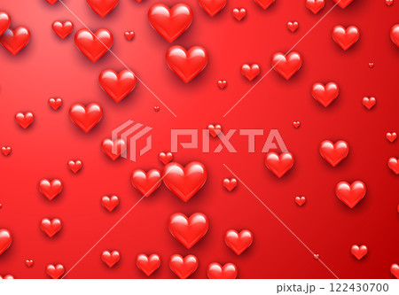 Valentine's Day greeting card with red hearts flying scattered over background. Symbol of love and spring, sprayed 122430700