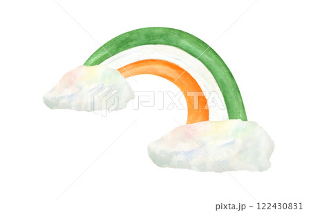 Watercolor green white orange rainbow in Ireland flag colors growing from clouds illustration isolated background. Saint Patrick day 2025 decoration. Spring festive element for holiday postcards 122430831