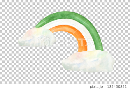 Watercolor green white orange rainbow in Ireland flag colors growing from clouds illustration isolated background. Saint Patrick day 2025 decoration. Spring festive element for holiday postcards 122430831