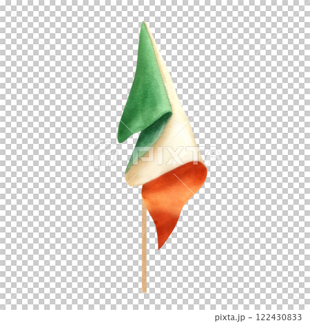 Waving three color national country flag on flagpole in green, white, orange colors watercolor illustration isolated background. Element for holiday greeting cards, Independence day posters 122430833