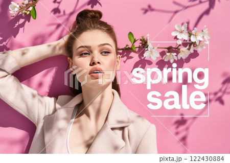 A woman stands in front of a pink background with spring sale. 122430884