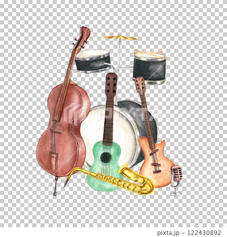 Jazz percussion, string and wind instruments watercolor illustration isolated background. Saxophone, electric and acoustic guitar, contrabass, drum kit and retro microphone. Orchestra composition 122430892