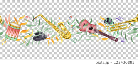 Watercolor six string guitar, drum, trumpet, hats, maracas, musical notes and colorful holiday leaf branches seamless horizontal banner. Carnival festive musical instruments pattern illustration 122430893