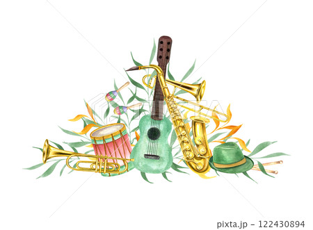 Watercolor six string guitar, saxophone, drum, green hats, maracas, trumpet, trombone and colorful naive leaf twigs illustration isolated background. Carnival musical instruments for holiday package 122430894