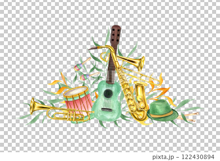 Watercolor six string guitar, saxophone, drum, green hats, maracas, trumpet, trombone and colorful naive leaf twigs illustration isolated background. Carnival musical instruments for holiday package 122430894