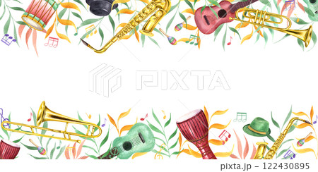 Watercolor carnival music percussion, string and wind instruments, musical notes among abstract color leaves rectangle border. Mardi Grass, Brazilian carnival illustration with empty space for text 122430895