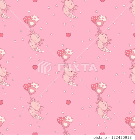 Seamless pattern with cute Axolotl with balloons heart on pink background. Funny Little cartoon kawaii character. Vector illustration. Romantic holiday backdrop 122430918
