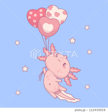 Cute pink Axolotl flying with balloons hearts. Little festive cartoon kawaii animal character. Vector illustration. Kids collection Cute pink Axolotl flying with balloons hearts. Little festive cartoon kawaii animal character. Vector illustration. Kids collection 122430919