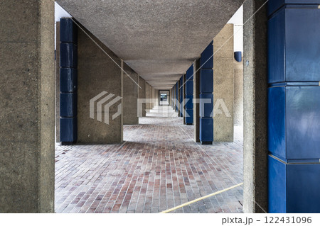 Barbican Centre Corridor. Iconic Brutalist Architecture with Symmetry and Concrete Design 122431096