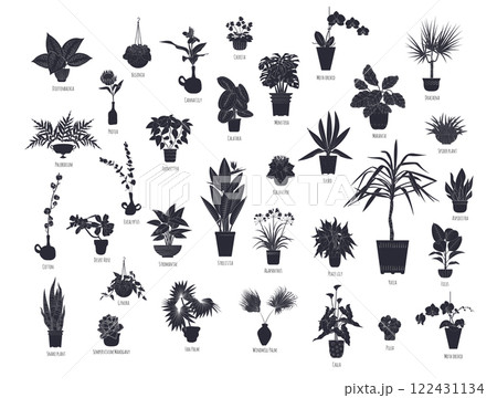 Set of black silhouettes of potted houseplants isolated on white background 122431134
