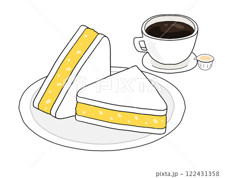卵サンドとホットコーヒーのセット（背景透過） 122431358