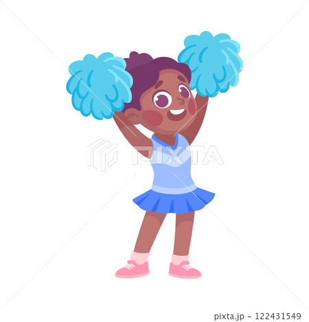 Little Girl In Cheerleader Uniform Cheering with Pompoms Vector Illustration 122431549