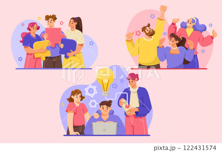 Team Interaction with Man and Woman Work Together Vector Set Team Interaction with Man and Woman Work Together Vector Set 122431574