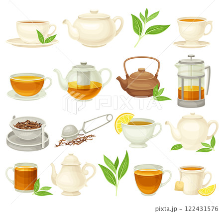 Tea with Ceramic Cup, Teapot and Green Leaf Big Vector Set Tea with Ceramic Cup, Teapot and Green Leaf Big Vector Set 122431576