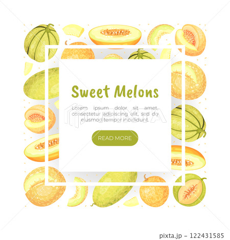 Sweet Melon Banner Design with Ripe Fruit Vector Template 122431585