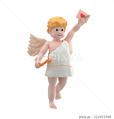 Cupid character with blond hair and wings holding an arch and love letter on outstretched hand against white background, 3d render  122431598