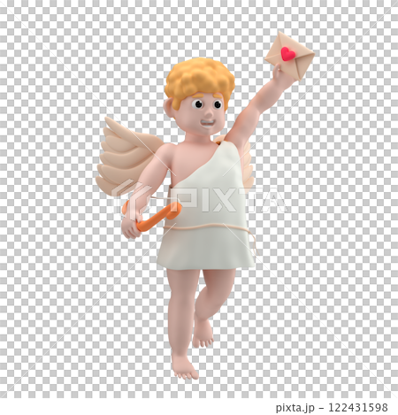 Cupid character with blond hair and wings holding an arch and love letter on outstretched hand against white background, 3d render  122431598
