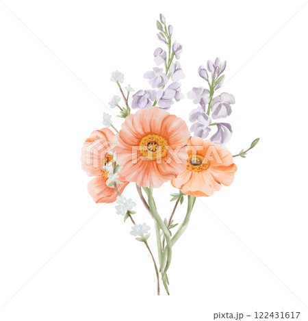 Bouquet of Iceland Poppy Flowers with Freesia and Snow Willow Branches. Watercolor hand drawn floral illustration isolated on a white background. Botanical art for cards, posters, invitations 122431617