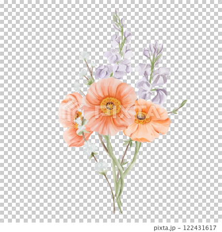Bouquet of Iceland Poppy Flowers with Freesia and Snow Willow Branches. Watercolor hand drawn floral illustration isolated on a white background. Botanical art for cards, posters, invitations 122431617