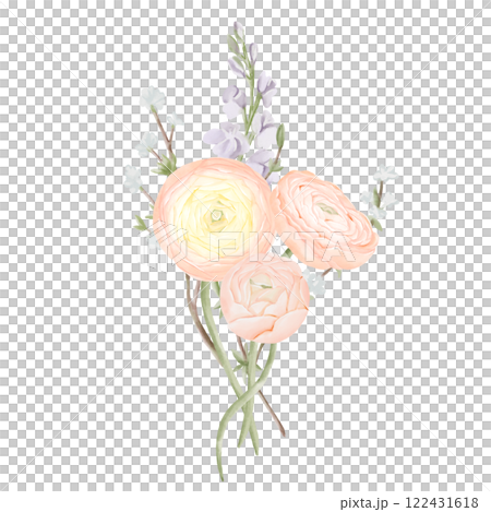 Bouquet of Ranunculus Flowers with Freesia and Snow Willow Branches. Watercolor Hand drawn Spring floral illustration in pastel colors isolated on white background. Botanical art for invitations 122431618