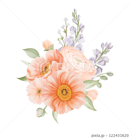 Spring Flowers Bouquet from Ranunculus and Iceland Poppies with Freesia, Peach or Cherry and Snow Willow Branches. Watercolor hand painted botanical illustration in pastel colors isolated on a white 122431620