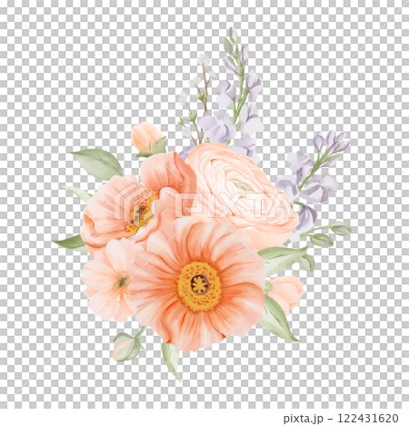 Spring Flowers Bouquet from Ranunculus and Iceland Poppies with Freesia, Peach or Cherry and Snow Willow Branches. Watercolor hand painted botanical illustration in pastel colors isolated on a white 122431620