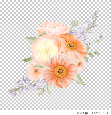Bouquet of Spring Flowers from Iceland Poppy, Ranunculus, Freesia and Peach or Cherry. Watercolor hand drawn botanical illustration in pastel colors isolated on a white background. Floral art for Bouquet of Spring Flowers from Iceland Poppy, Ranunculus, Freesia and Peach or Cherry. Watercolor hand drawn botanical illustration in pastel colors isolated on a white background. Floral art for 122431621