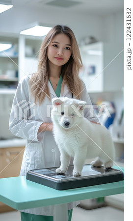 South east asian female veterinarian doctor dressed in medical clothing is weighs to a white swiss shepherd dog puppy on a big digital scale. 122431632
