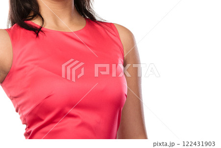 Close up of elegant fashion woman in red dress. 122431903
