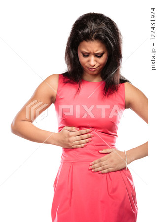 Woman suffering from stomach ache abdominal pain. 122431924