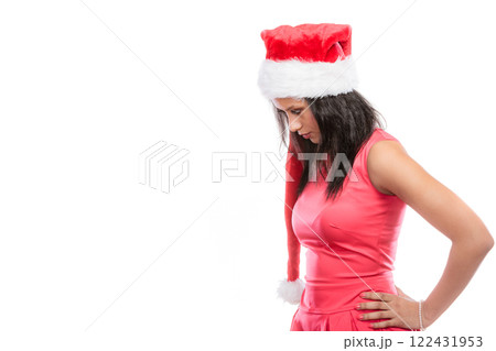 Woman mixed race santa helper hat portrait Woman mixed race santa helper hat portrait 122431953