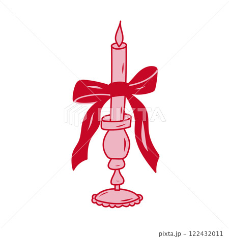 Elegant red candle with ribbon sits on a decorative holder for festive celebrations and home decor 122432011