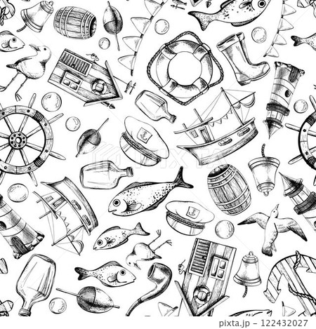 Sea lighthouse, fishing boat, cabin, ship and fishing equipment. Graphic illustration on nautical theme hand drawn line art in black and white monochrome. Seamless pattern Sea lighthouse, fishing boat, cabin, ship and fishing equipment. Graphic illustration on nautical theme hand drawn line art in black and white monochrome. Seamless pattern 122432027