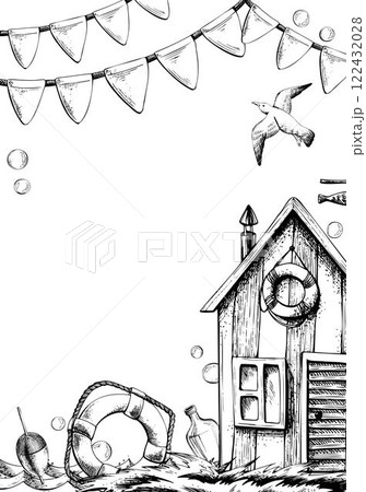 Fishing cabin with lifebuoy and float, seagulls and garlands of flags. Graphic illustration on nautical theme hand drawn line art in black and white monochrome. Vertical rectangular frame template 122432028