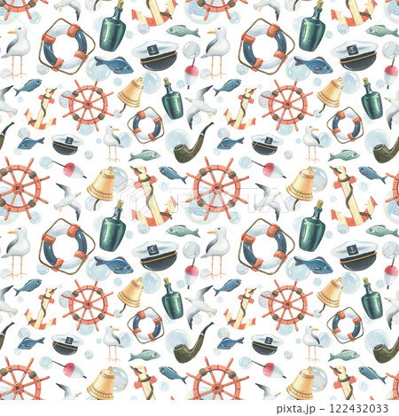 Steering wheel, lifebuoy, sea gulls, captain's cap, fish, water bladders, anchor, bottle of rum, tobacco pipe, ship's bell. Watercolor hand-drawn illustration. Seamless pattern on a white background 122432033